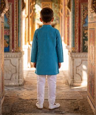 Teal blue printed cotton kurta pyjama 4