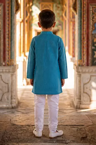 Teal blue printed cotton kurta pyjama