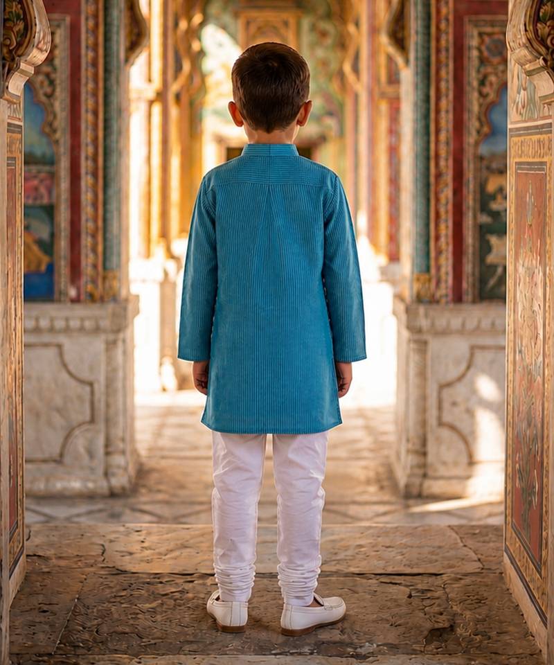Teal blue printed cotton kurta pyjama
