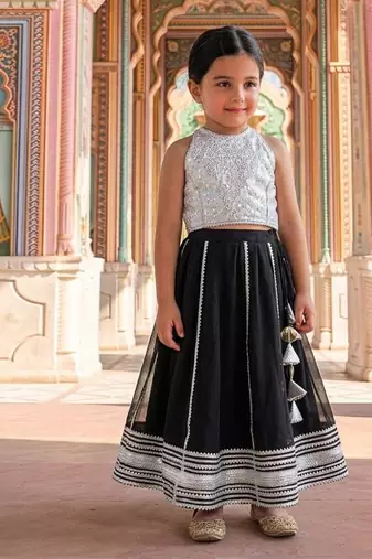 Silver black embroidered brocade lehenga set