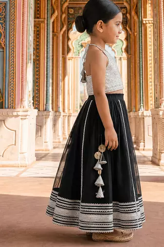 Silver black embroidered brocade lehenga set