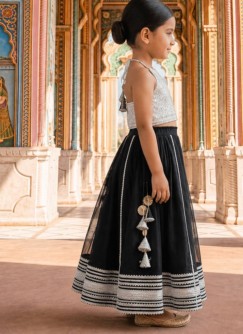 Silver black embroidered brocade lehenga set