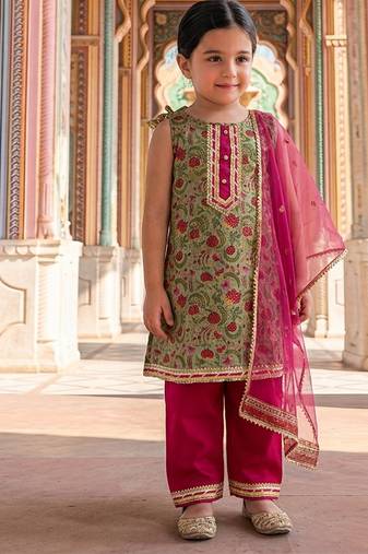Green pink printed cotton kurti set
