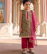 Green pink printed cotton kurti set