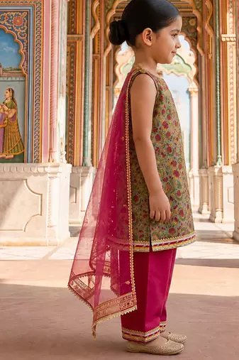 Green pink printed cotton kurti set