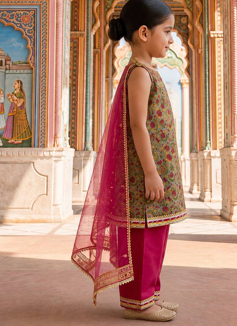 Green pink printed cotton kurti set