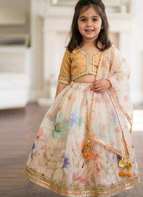 Beige off white printed silk lehenga set 1