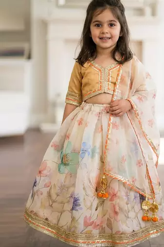 Beige off white printed silk lehenga set