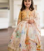 Beige off white printed silk lehenga set