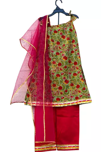 Green pink printed cotton kurti set