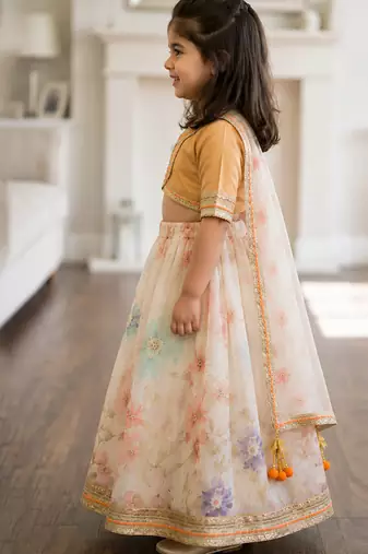 Beige off white printed silk lehenga set