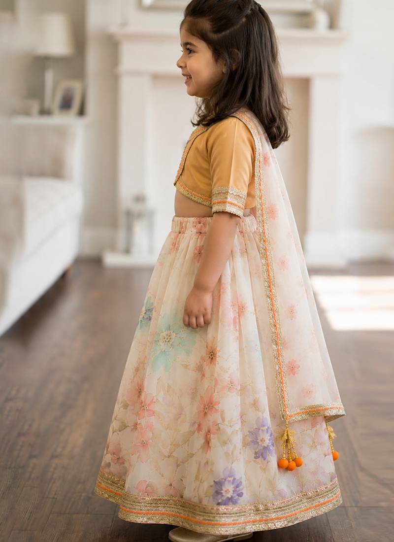 Beige off white printed silk lehenga set