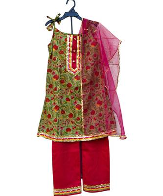Green pink printed cotton kurti set 4