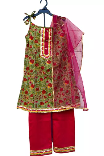 Green pink printed cotton kurti set