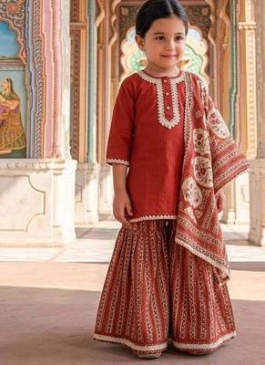 Rust red printed cotton kurti set 1