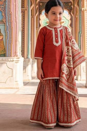 Rust red printed cotton kurti set