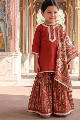 Rust red printed cotton kurti set