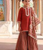 Rust red printed cotton kurti set