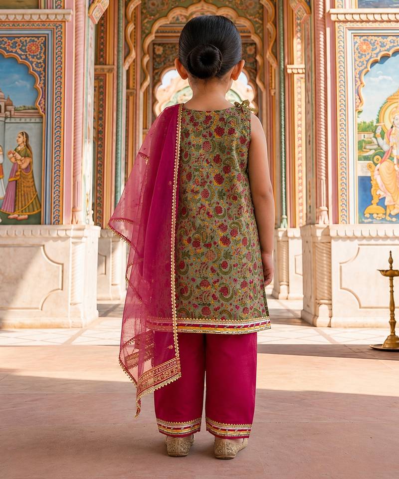 Green pink printed cotton kurti set