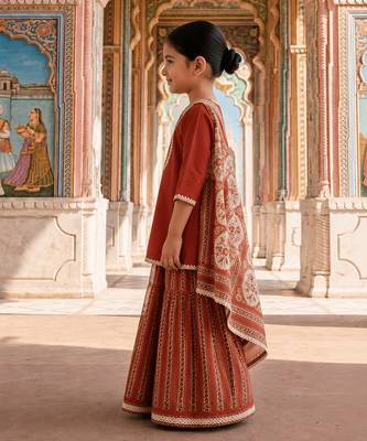 Rust red printed cotton kurti set 2