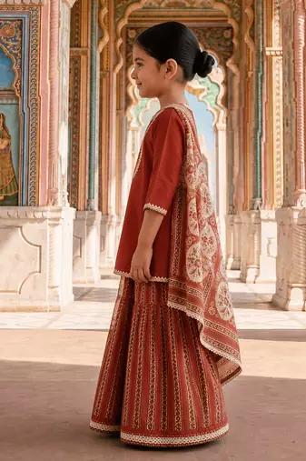 Rust red printed cotton kurti set