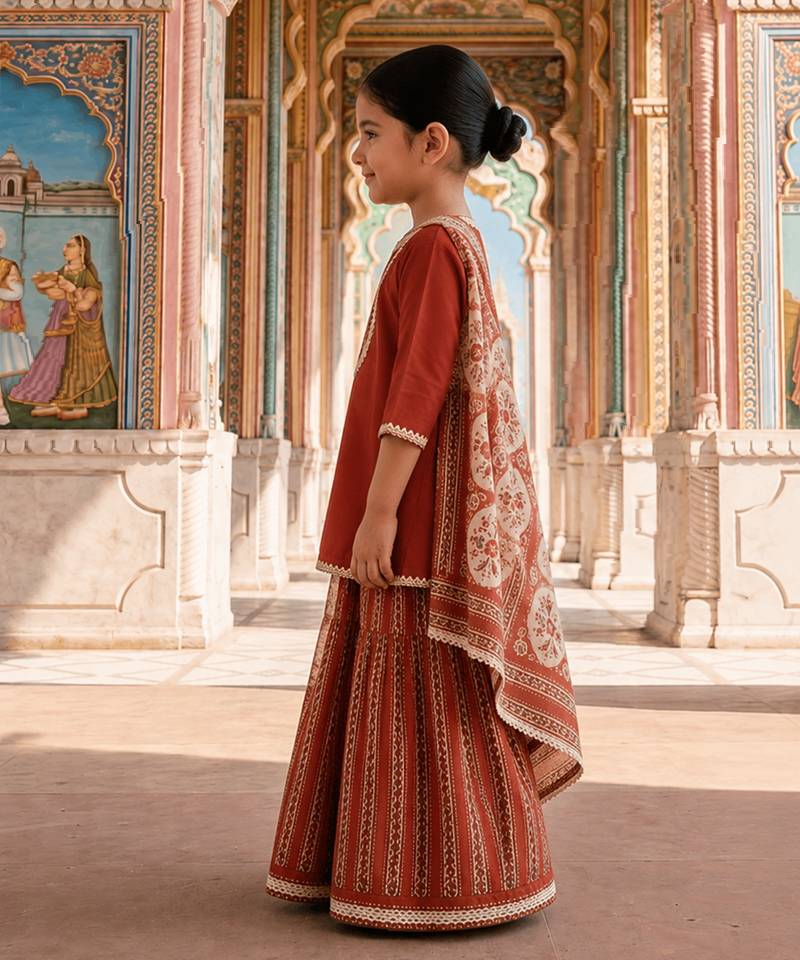 Rust red printed cotton kurti set