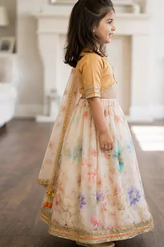 Beige off white printed silk lehenga set
