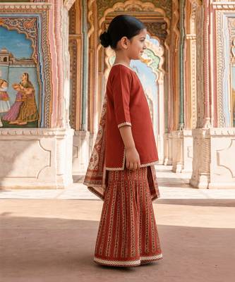 Rust red printed cotton kurti set 3