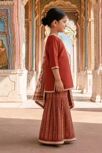 Rust red printed cotton kurti set
