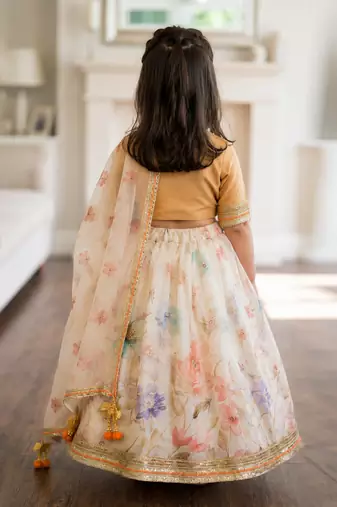 Beige off white printed silk lehenga set