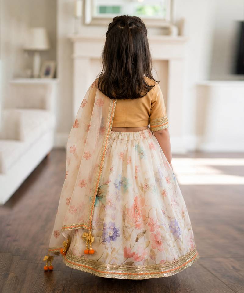 Beige off white printed silk lehenga set