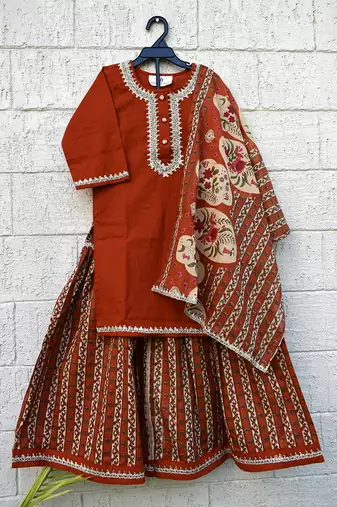 Rust red printed cotton kurti set