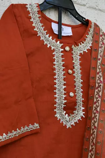 Rust red printed cotton kurti set