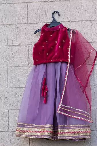 Rani pink lavender embroidered velvet lehenga set