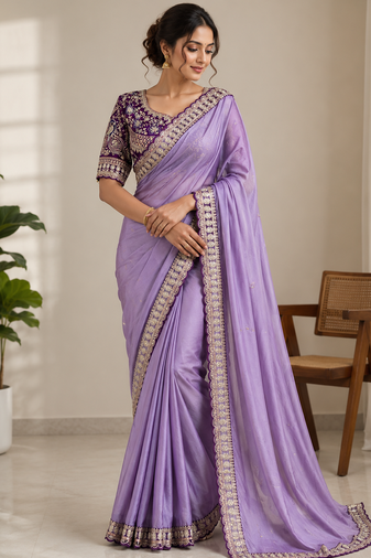 Lavender Color C -pallu sequence  coding embroidery work with  Sequence Butti Silk Blend Saree