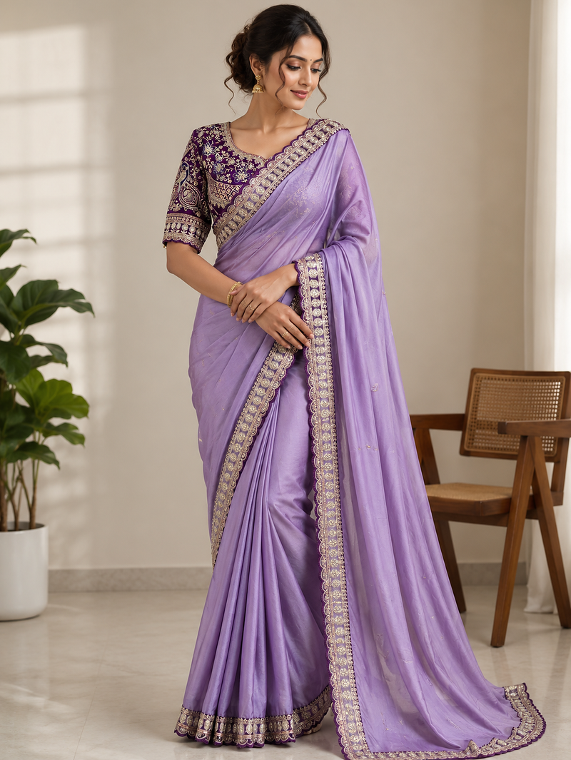 Lavender Color C -pallu sequence  coding embroidery work with  Sequence Butti Silk Blend Saree