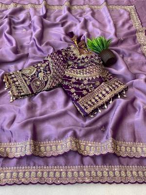 Lavender Color C -pallu sequence  coding embroidery work with  Sequence Butti Silk Blend Saree 2