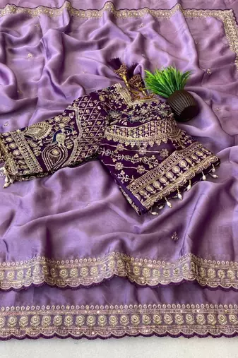 Lavender Color C -pallu sequence  coding embroidery work with  Sequence Butti Silk Blend Saree