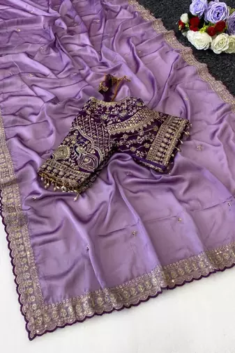 Lavender Color C -pallu sequence  coding embroidery work with  Sequence Butti Silk Blend Saree