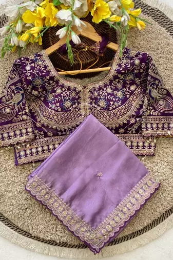 Lavender Color C -pallu sequence  coding embroidery work with  Sequence Butti Silk Blend Saree