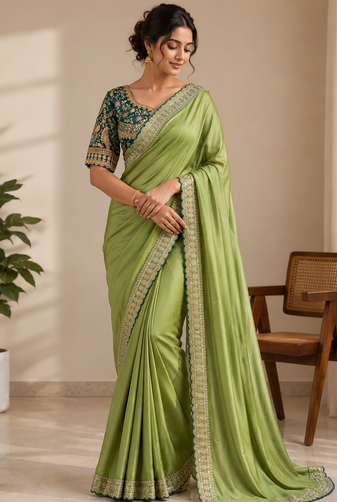 Parrot Green Color C -pallu sequence  coding embroidery work with  Sequence Butti Silk Blend Saree