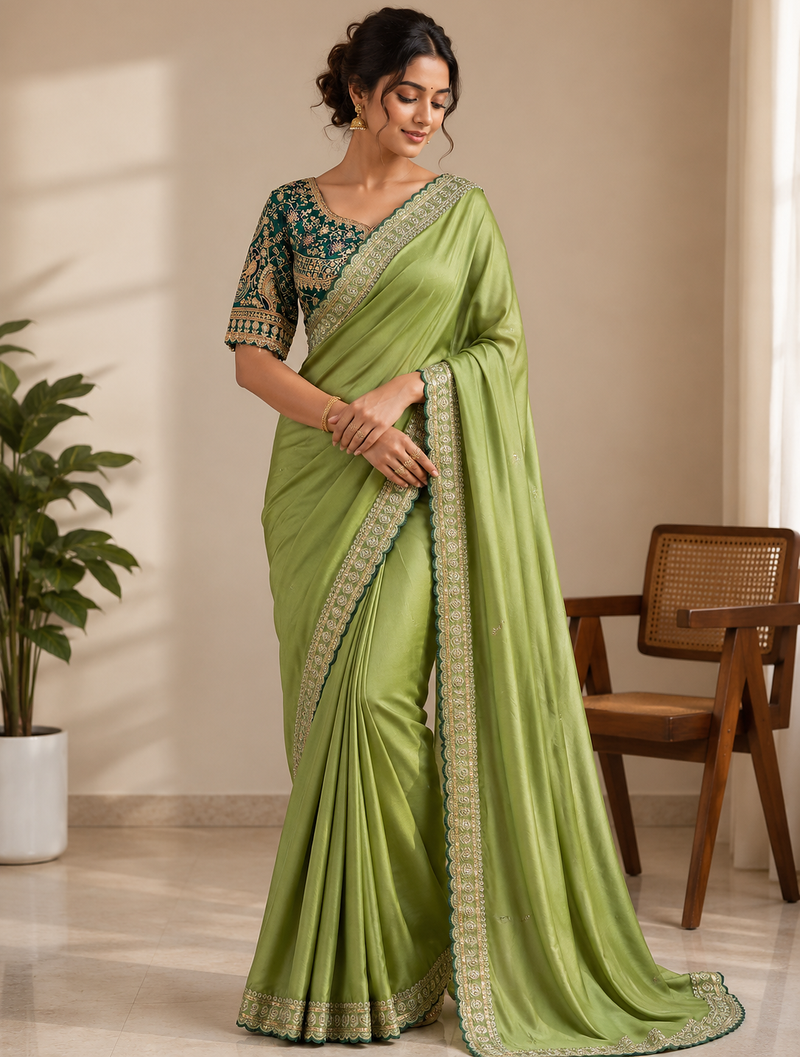 Parrot Green Color C -pallu sequence  coding embroidery work with  Sequence Butti Silk Blend Saree