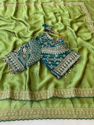 Parrot Green Color C -pallu sequence  coding embroidery work with  Sequence Butti Silk Blend Saree 2
