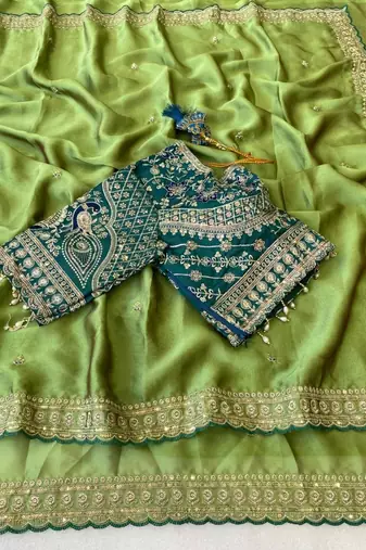 Parrot Green Color C -pallu sequence  coding embroidery work with  Sequence Butti Silk Blend Saree