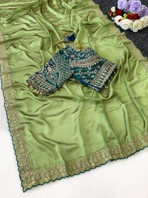 Parrot Green Color C -pallu sequence  coding embroidery work with  Sequence Butti Silk Blend Saree 3