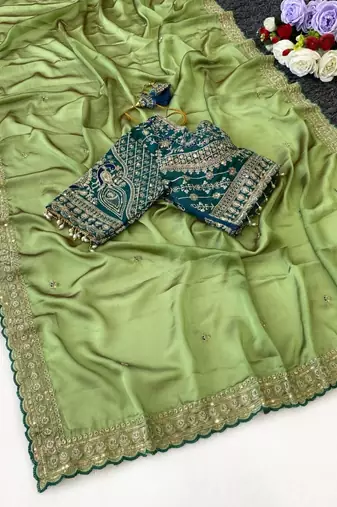Parrot Green Color C -pallu sequence  coding embroidery work with  Sequence Butti Silk Blend Saree