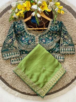 Parrot Green Color C -pallu sequence  coding embroidery work with  Sequence Butti Silk Blend Saree 4