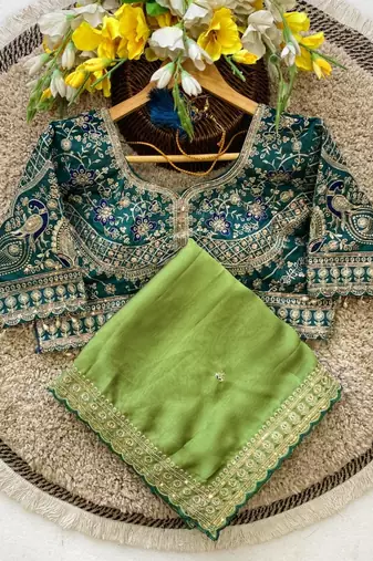 Parrot Green Color C -pallu sequence  coding embroidery work with  Sequence Butti Silk Blend Saree