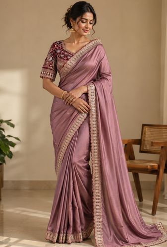 Onion Pink Color C -pallu sequence  coding embroidery work with  Sequence Butti Silk Blend Saree