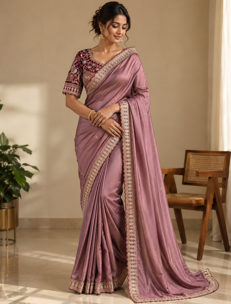 Onion Pink Color C -pallu sequence  coding embroidery work with  Sequence Butti Silk Blend Saree